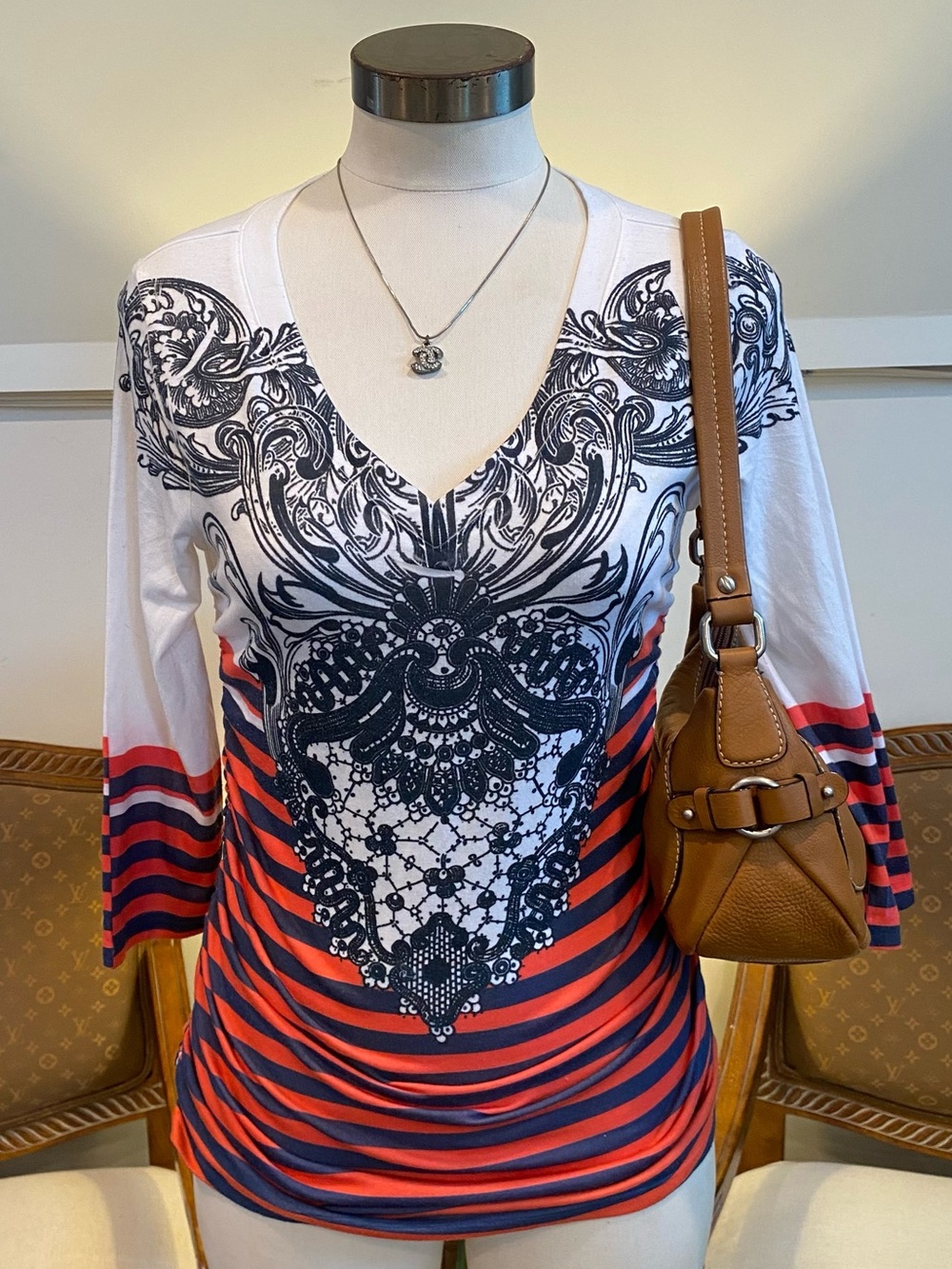 Vintage Cache Printed V-Neck Top | Y2K Baroque Stripe Fitted Shirt, Size Small